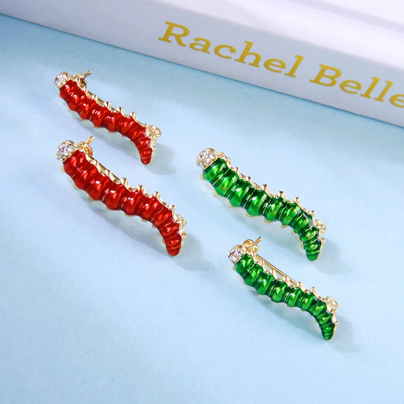 BALANBIU Two Pieces One Set Cute Insect Green Enamel Crystal Caterpillar Brooches For Women Gifts Gold Color Fashion Sweater Pin | Украшения