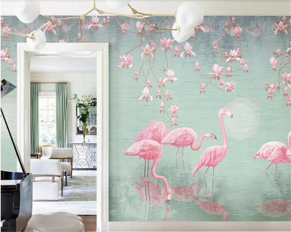 

beibehang Custom tropical plant magnolia flamingo Nordic background wall idyllic hand-painted wallpaper home decoration mural