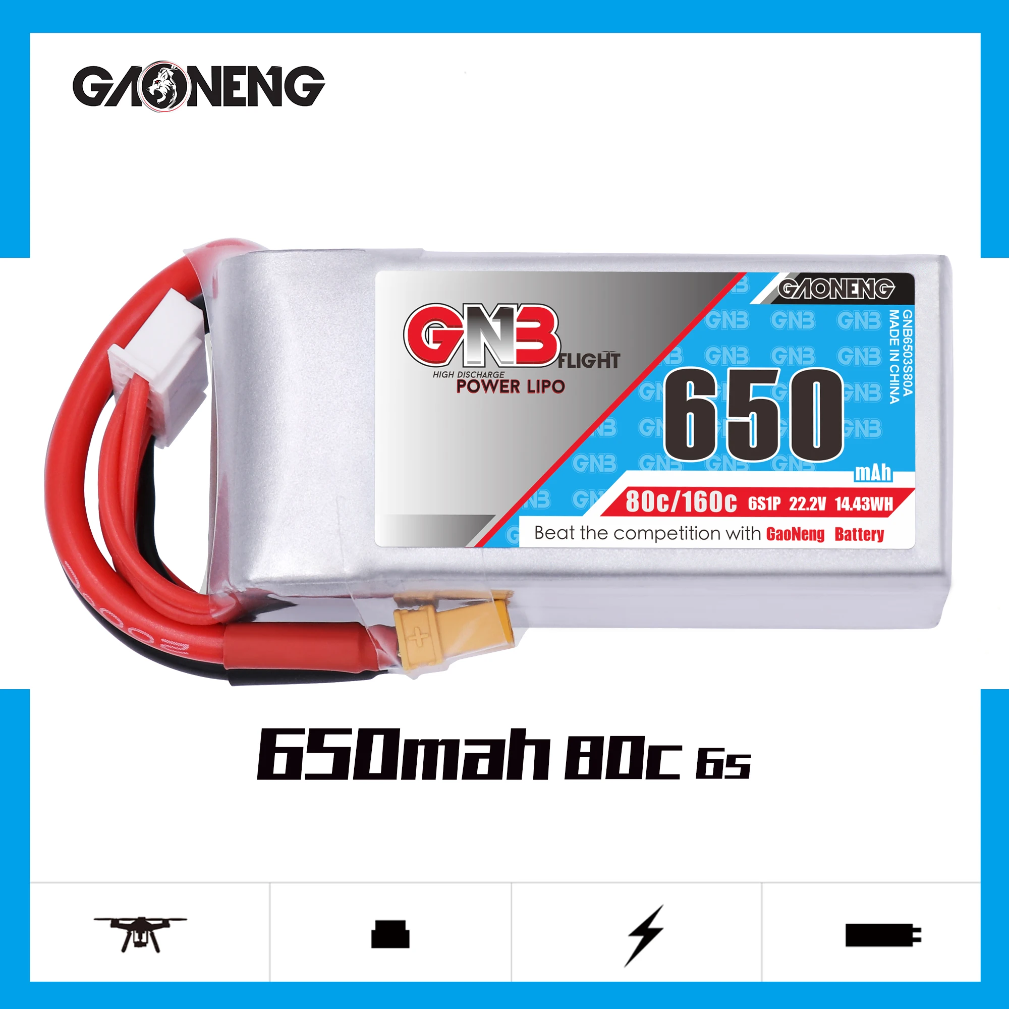 2PCS Gaoneng GNB 650MAH 6S 22.2V 80C/160C HV Lipo battery XT30 XT60 Plug for RC Airplane Helicopter Drone
2PCS Gaoneng GNB 650MAH 6S 22.2V 80C/160C HV Lipo battery XT30 XT60 Plug for RC Airplane Helicopter Drone