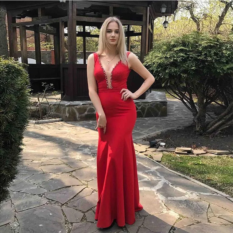 Sexy Mermaid Long Vestido De Noite V-neck Sleeveless Full Length Red Evening Dresses Beaded Lace Women Formal Party Gowns
Sexy Mermaid Long Vestido De Noite V-neck Sleeveless Full Length Red Evening Dresses Beaded Lace Women Formal Party Gowns