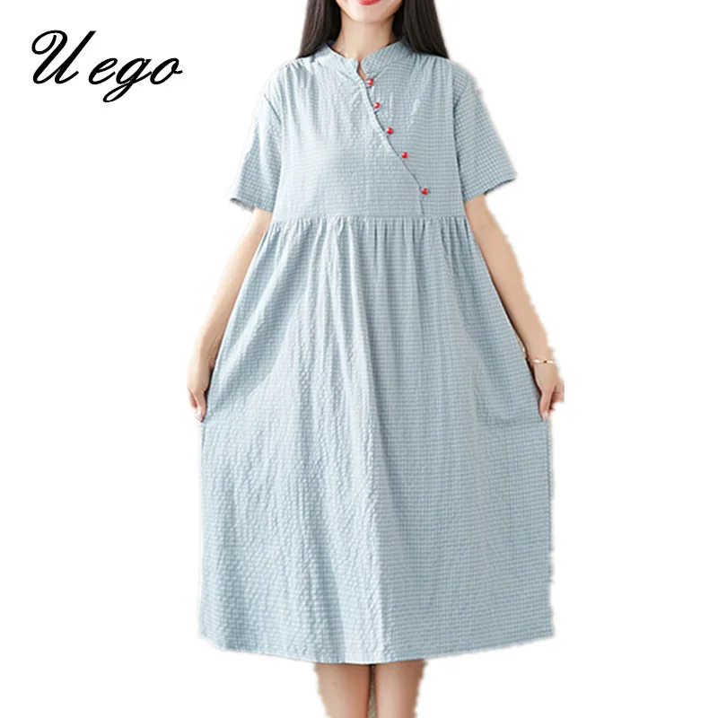 Uego Cotton Linen Chinese Style Vintage Dress Robes Print Plaid Button Short Sleeve Summer Dress Plus Size Women Casual Dress
Uego Cotton Linen Chinese Style Vintage Dress Robes Print Plaid Button Short Sleeve Summer Dress Plus Size Women Casual Dress