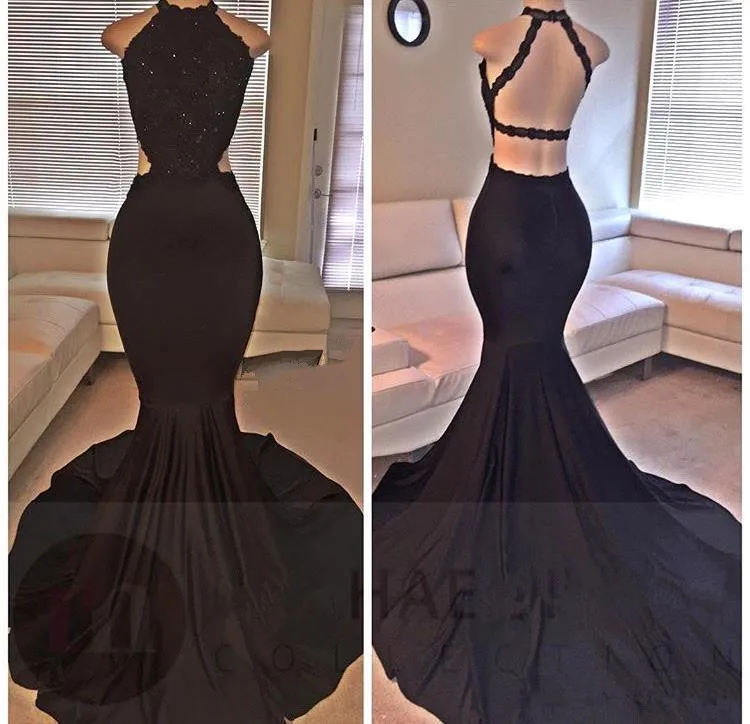Black Prom Dresses Mermaid Halter Lace Beaded Sexy Backless Party Maxys Long Gown Evening Robe De Soiree | Свадьбы и торжества