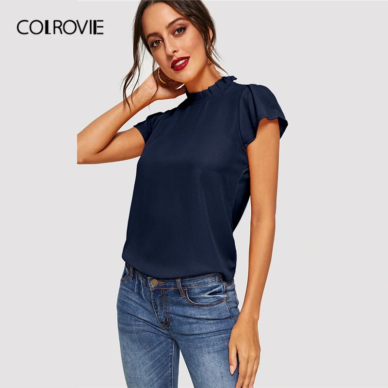 COLROVIE Navy Solid Stand Collar Keyhole Back Frilled Elegant Blouse Shirts Women 2019 Summer Cap Sleeve Casual Office Lady Tops
COLROVIE Navy Solid Stand Collar Keyhole Back Frilled Elegant Blouse Shirts Women 2019 Summer Cap Sleeve Casual Office Lady Tops