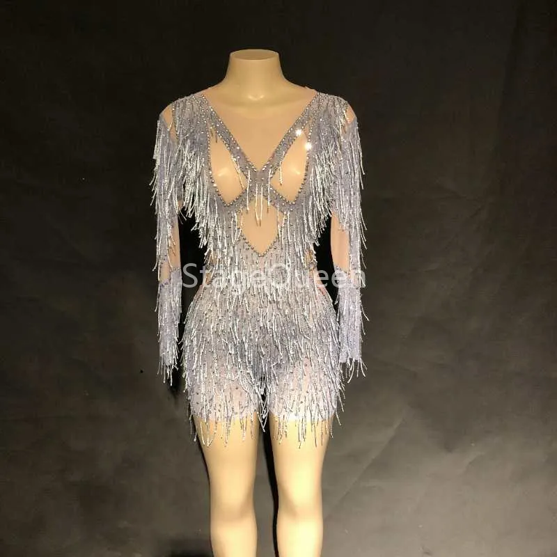 Women Sexy Net Yarn Bodysuit Silver Tassel Sparkling Crystals DJDS Jumpsuit Nightclub Birthday Party Wear Dancer Singer Costumes
Women Sexy Net Yarn Bodysuit Silver Tassel Sparkling Crystals DJDS Jumpsuit Nightclub Birthday Party Wear Dancer Singer Costumes