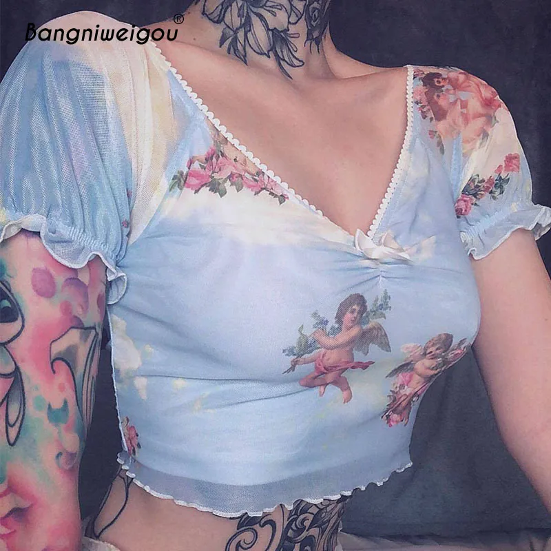 Bangniweigou Angel Print Short Sleeve Ruffle T Shirt Women Sweet Cupid Cherub Mesh Crop Top 90s Streetwear Graphic Tees 2019
Bangniweigou Angel Print Short Sleeve Ruffle T Shirt Women Sweet Cupid Cherub Mesh Crop Top 90s Streetwear Graphic Tees 2019