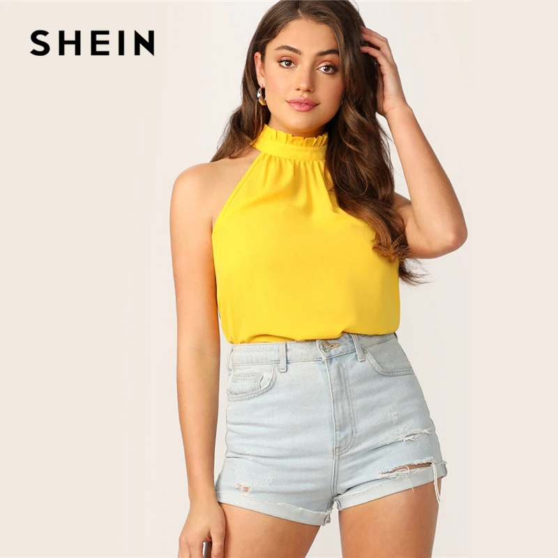 

SHEIN Bright Yellow Frilled Halterneck Buttoned Keyhole Back Sleeveless Top Blouse Women Summer Solid Elegant Workwear Blouses