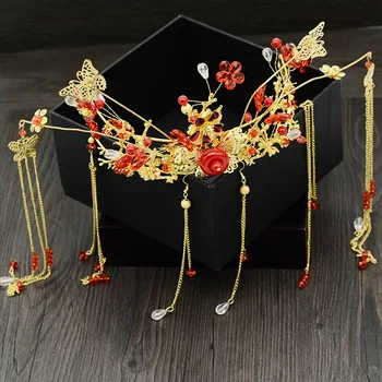Gold Red China Style Bride Jewelry Crowns Hair Decoration Wedding Head Tiaras Accessories Handmade Hair Hoop Crown Headdress
Gold Red China Style Bride Jewelry Crowns Hair Decoration Wedding Head Tiaras Accessories Handmade Hair Hoop Crown Headdress