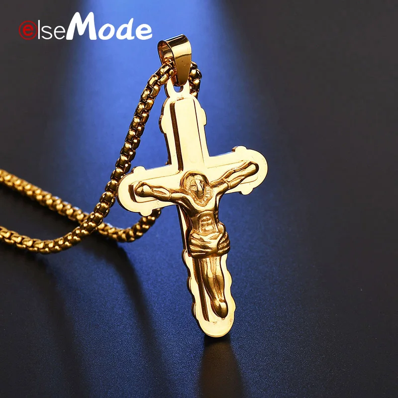 ELSEMODE Cross Necklace Crucifix Pendant Gold Color 316L Stainless Steel Catholic Chain Necklace&ampPendants for Men Jewelry Gift |