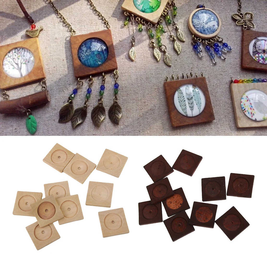 20pcs Vintage Square Wood Cameo Cabochon Setting Base Tray Pendants DIY Necklace Jewelry Making Accessories Findings 25mm