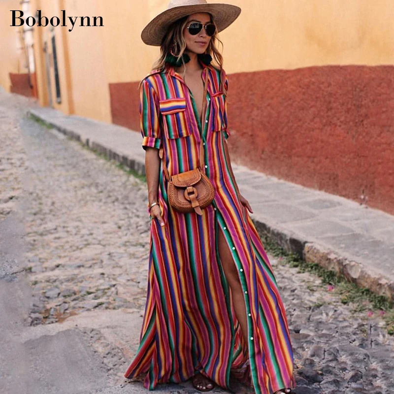 Summer Women Sexy Bohemian Long Maxi Striped Beach Dress Elegant Shirt Rainbow Casual Dresses Plus Size Clothes xxxl
Summer Women Sexy Bohemian Long Maxi Striped Beach Dress Elegant Shirt Rainbow Casual Dresses Plus Size Clothes xxxl