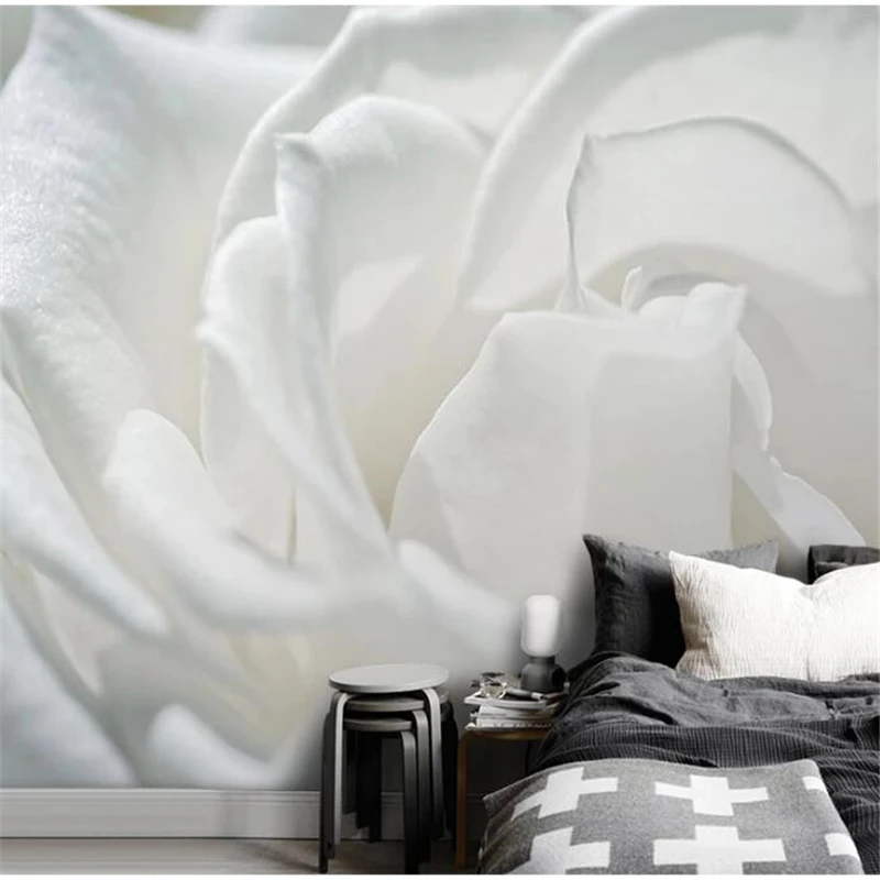 

wellyu Modern minimalist hand-painted 3D white rose petals background wall custom large mural green wallpaper