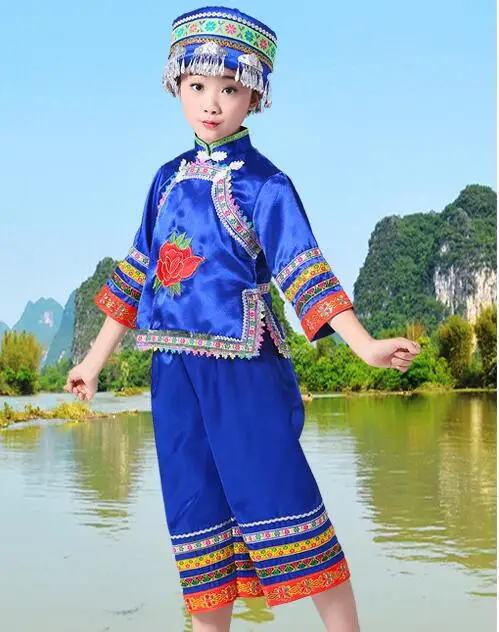 Детские костюмы Miao для девочек Одежда танцев Hmong Китайский народный танцевальный