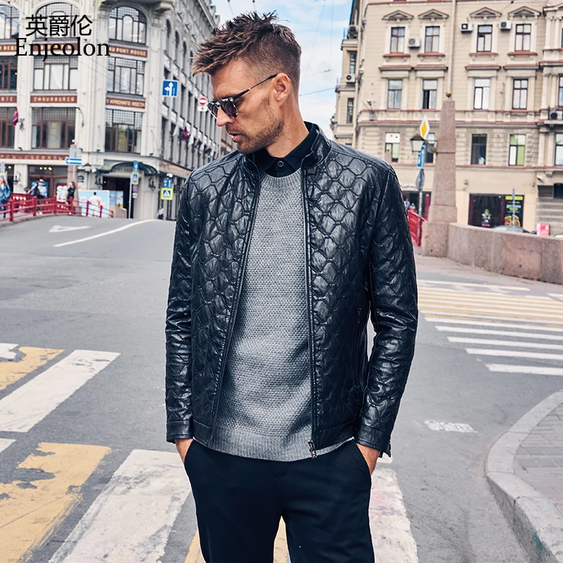 Enjeolon brand pu leather jacket men clothes geometric pattern cool men jacket in spring two color coat men P385
Enjeolon brand pu leather jacket men clothes geometric pattern cool men jacket in spring two color coat men P385