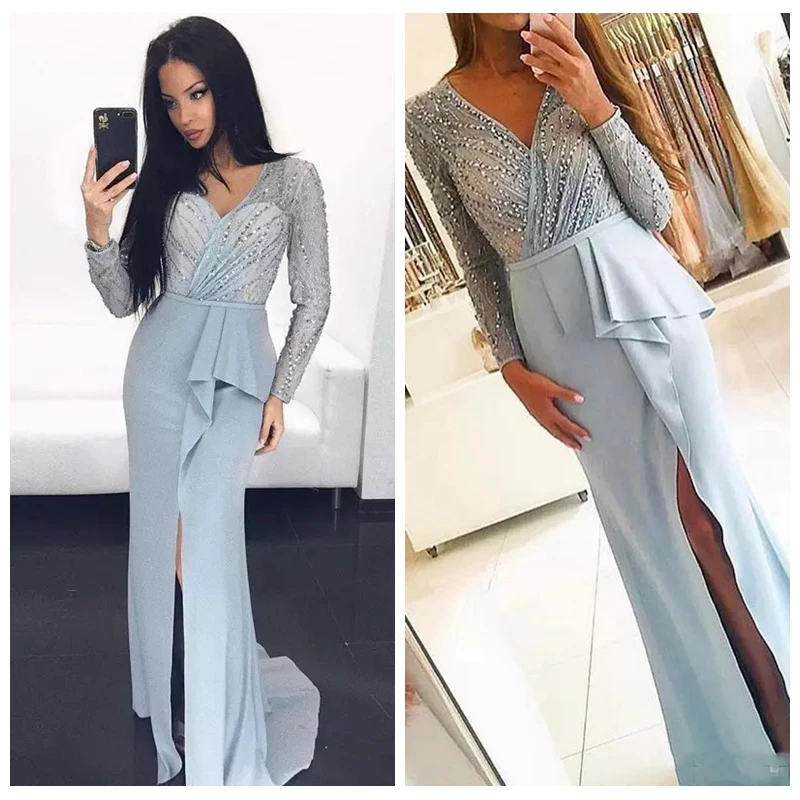 2019 V-Neck Long Sleeves Beading Top Mermaid Prom Dresses Split Front Modest Evening Party Gowns Custom Special Occasion Gown
2019 V-Neck Long Sleeves Beading Top Mermaid Prom Dresses Split Front Modest Evening Party Gowns Custom Special Occasion Gown