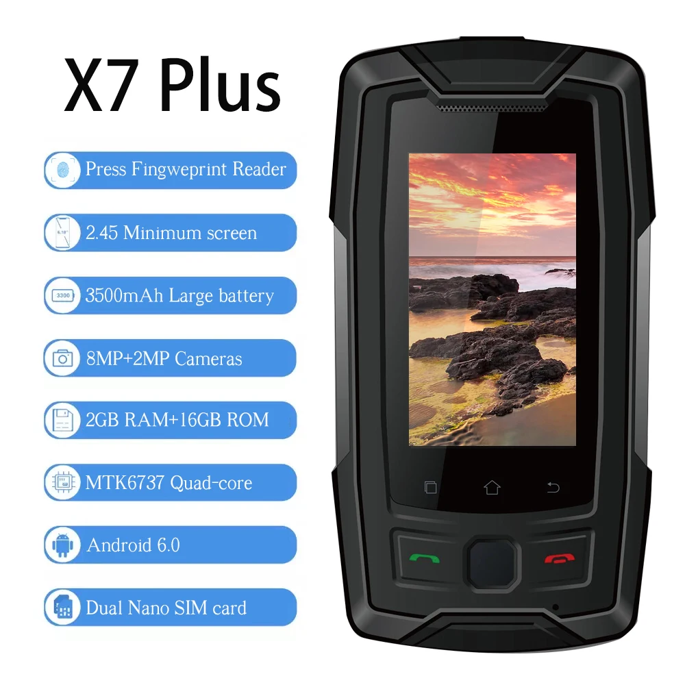 

Xeno X7 Plus 2.45" MTK6737 mini Smartphone 4G IP68 Waterproof RAM 2GB ROM 16GB Fingerprint NFC GPS Mobile Phone Walkie