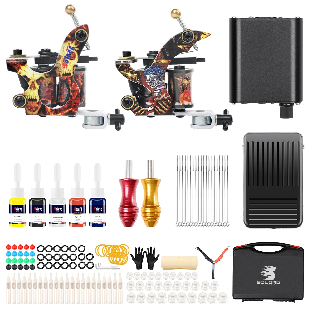 

Solong Tattoo 2018 Newest Beginner Two Coil Machine Kit For Liner and Shader Power Supply Grip Needles Carry Case Supply TK215