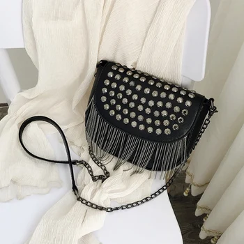 

ABDB-New Women Pu Leather Handbags Tassel Fashion Designer Black Bucket Chain Shoulder Bags Women Messenger Bag