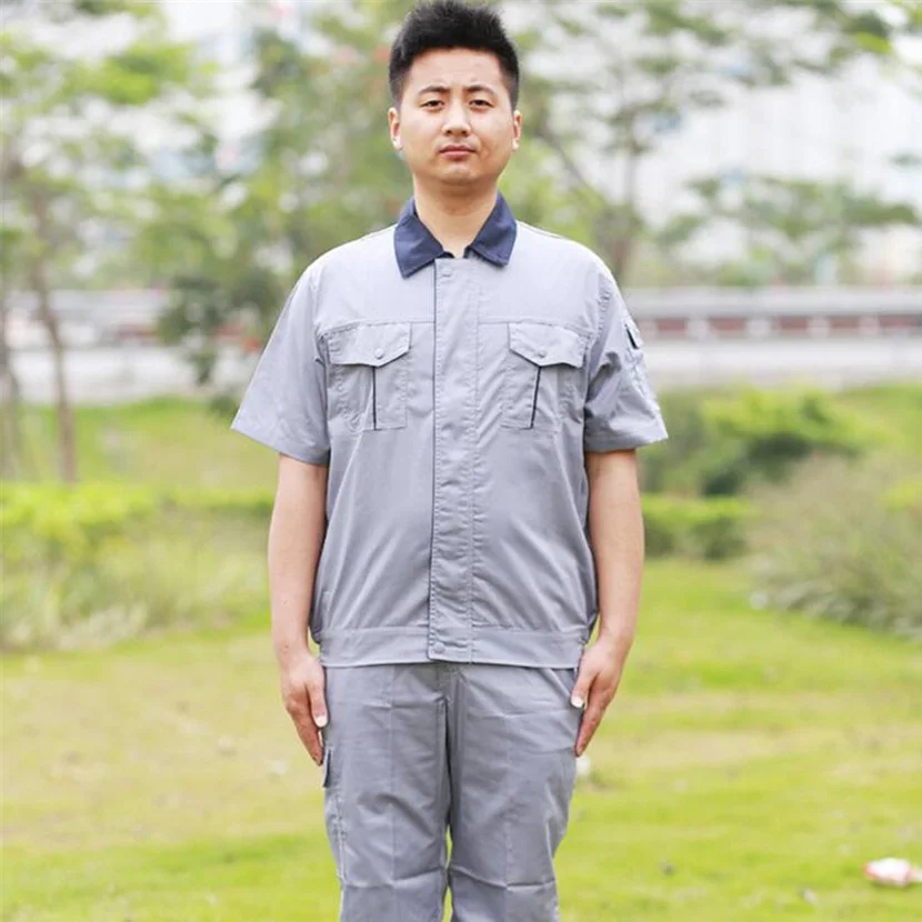 Image Summer short sleeved zipper suits suit men s machine repair car repair gray labor insurance service summer power grid power engi