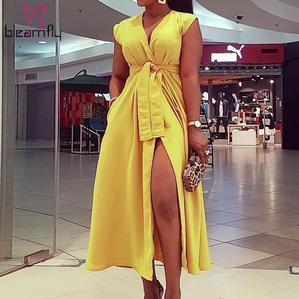 Office Ladies Long Yellow Dress Women V Neck Sleeveless High Waist Dress Summer High Split Elegant Robe Female Holiday Clothing
Office Ladies Long Yellow Dress Women V Neck Sleeveless High Waist Dress Summer High Split Elegant Robe Female Holiday Clothing