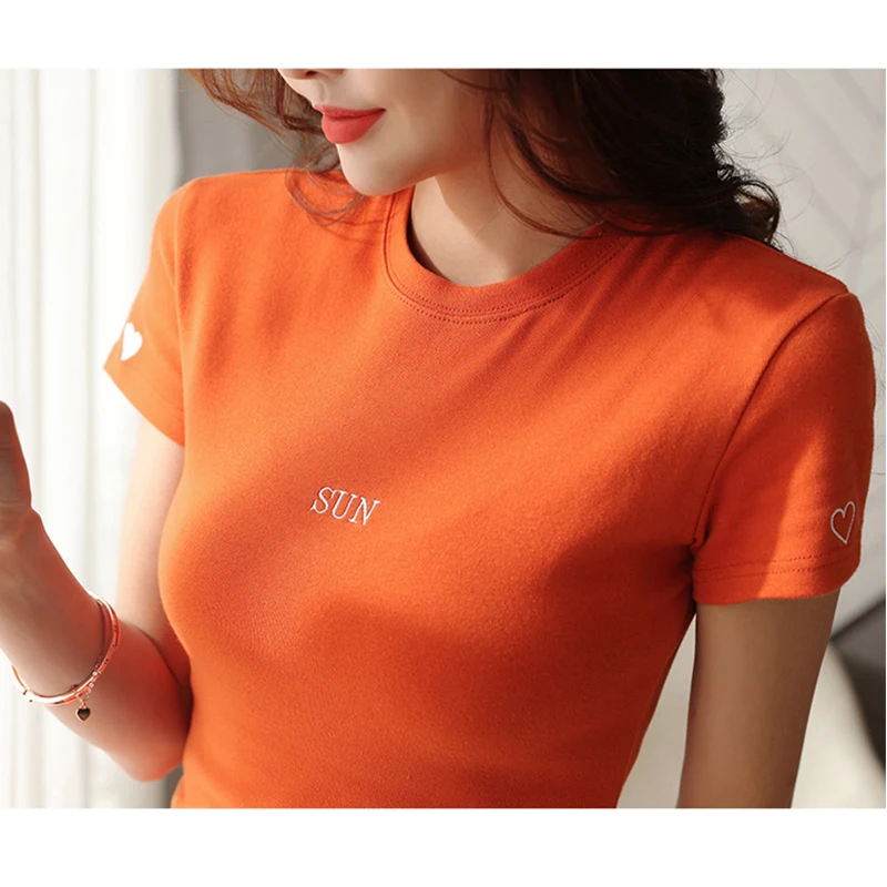 Weekly Women Summer Elastic Basic Tshirt Cotton Embroidery Letter Slim Fit T Shirt New Casual Short Sleeve T-shirt Female Tops
Weekly Women Summer Elastic Basic Tshirt Cotton Embroidery Letter Slim Fit T Shirt New Casual Short Sleeve T-shirt Female Tops
