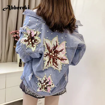 Spring New Korean Women Beaded Sequins Hole Jeans Jacket Casual Coat Loose Long Sleeve Single-breasted Pearl Denim Jacket Female
Spring New Korean Women Beaded Sequins Hole Jeans Jacket Casual Coat Loose Long Sleeve Single-breasted Pearl Denim Jacket Female