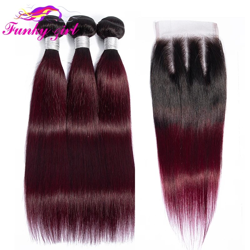 Funky Girl Ombre Bundles with Closure Peruvian Remy Human Hair Weave Bundle with Closure 1B/99j 4*4 Lace Closure with 3Bundles
Funky Girl Ombre Bundles with Closure Peruvian Remy Human Hair Weave Bundle with Closure 1B/99j 4*4 Lace Closure with 3Bundles