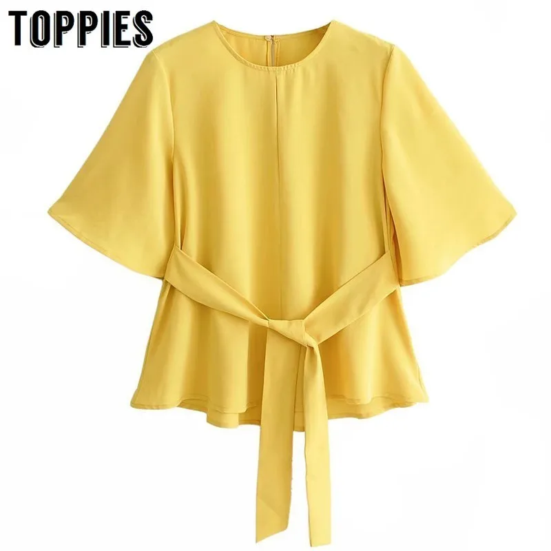 2019 Summer Yellow Kimono Tops Office Lady Flare Sleeve Shirts Woman Lace-up Waist T-Shirts
2019 Summer Yellow Kimono Tops Office Lady Flare Sleeve Shirts Woman Lace-up Waist T-Shirts