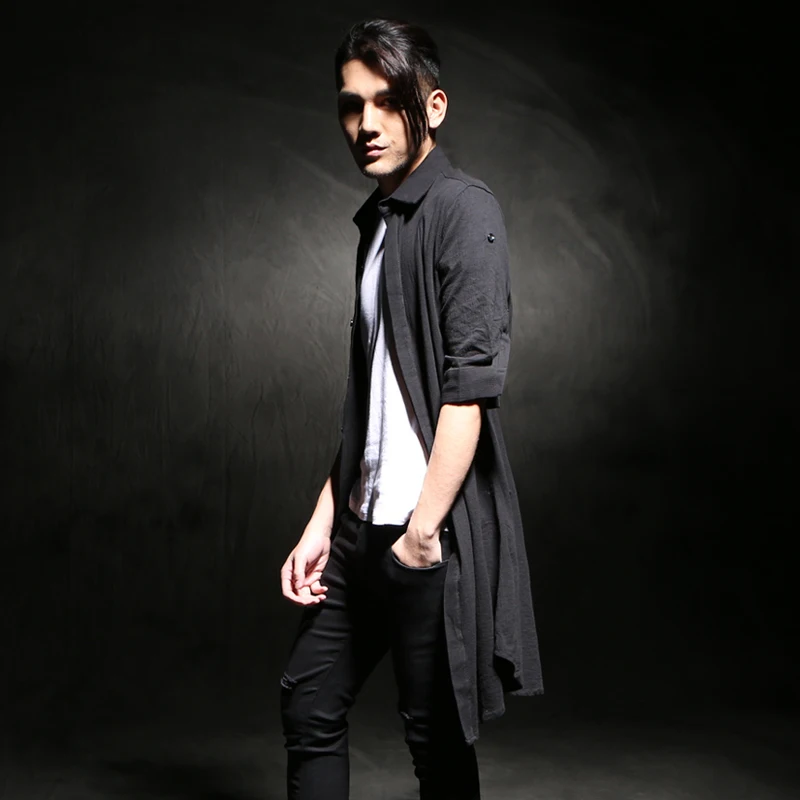 2019 Spring long slim linen shirt casual three quarter sleeve shirt outerwear hairstylist singer costumes TOP men's clothing
2019 Spring long slim linen shirt casual three quarter sleeve shirt outerwear hairstylist singer costumes TOP men's clothing