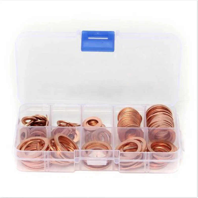 120pcs 8 Sizes Copper Washers Gaskets Flat Hardware Tools Sealing Ring Set Assortment Kit with Box
120pcs 8 Sizes Copper Washers Gaskets Flat Hardware Tools Sealing Ring Set Assortment Kit with Box