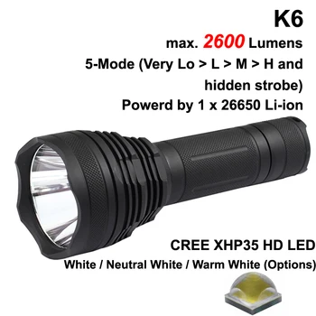 K6HD Cree XHP35 HD White 6500K / Neutral White 5000K / Warm White 3000K 2600 Lumens 5-Mode LED Flashlight - Black ( 1x26650 ) 
K6HD Cree XHP35 HD White 6500K / Neutral White 5000K / Warm White 3000K 2600 Lumens 5-Mode LED Flashlight - Black ( 1x26650 )