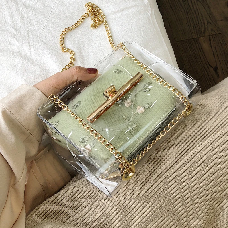 Transparent Lace Jelly bag 2019 Summer New Quality PVC Women's Designer Handbag lock Chain Shoulder Messenger bag Purses Bolsas
Transparent Lace Jelly bag 2019 Summer New Quality PVC Women's Designer Handbag lock Chain Shoulder Messenger bag Purses Bolsas