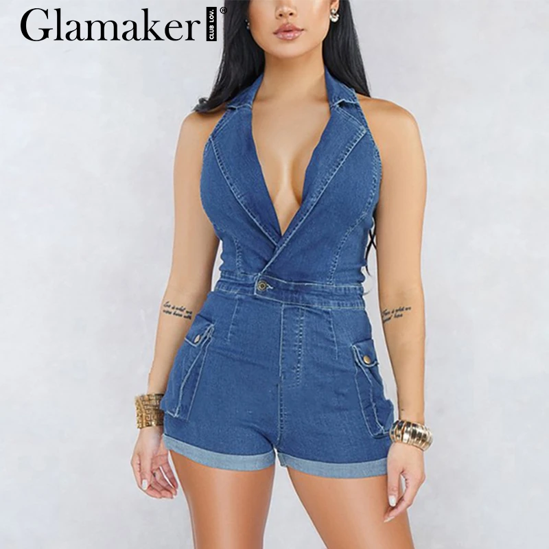 Glamaker Halter sexy short denim jumpsuit romper Women summer sleeveless jeans jumpsuit Female blue playsuit overalls plus size
Glamaker Halter sexy short denim jumpsuit romper Women summer sleeveless jeans jumpsuit Female blue playsuit overalls plus size
