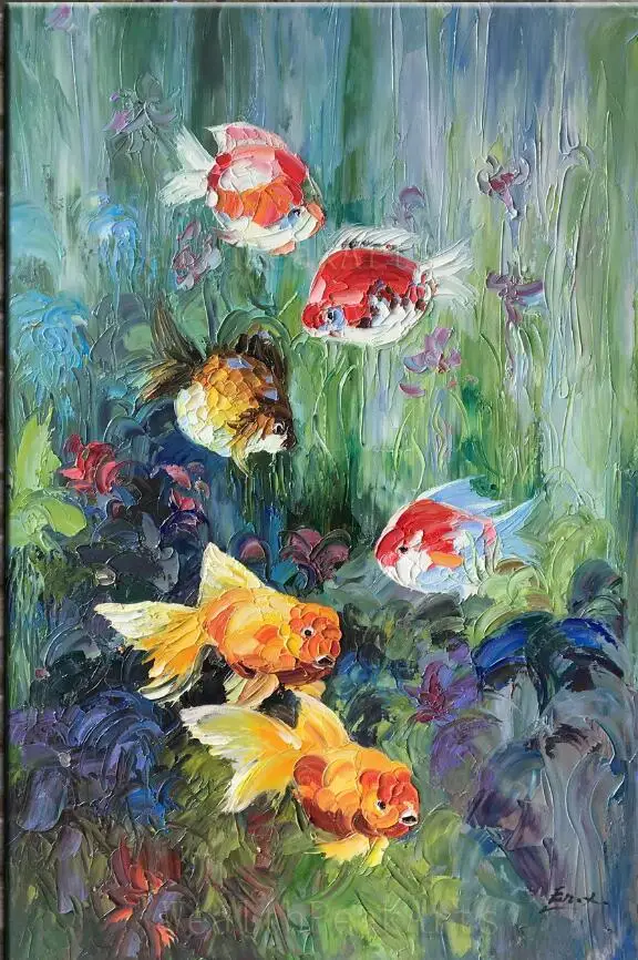 16Handmade ORIGINAL Large Abstract Contemporary Textured Modern Palette Knife Oil Animals fish Living room decoration2121