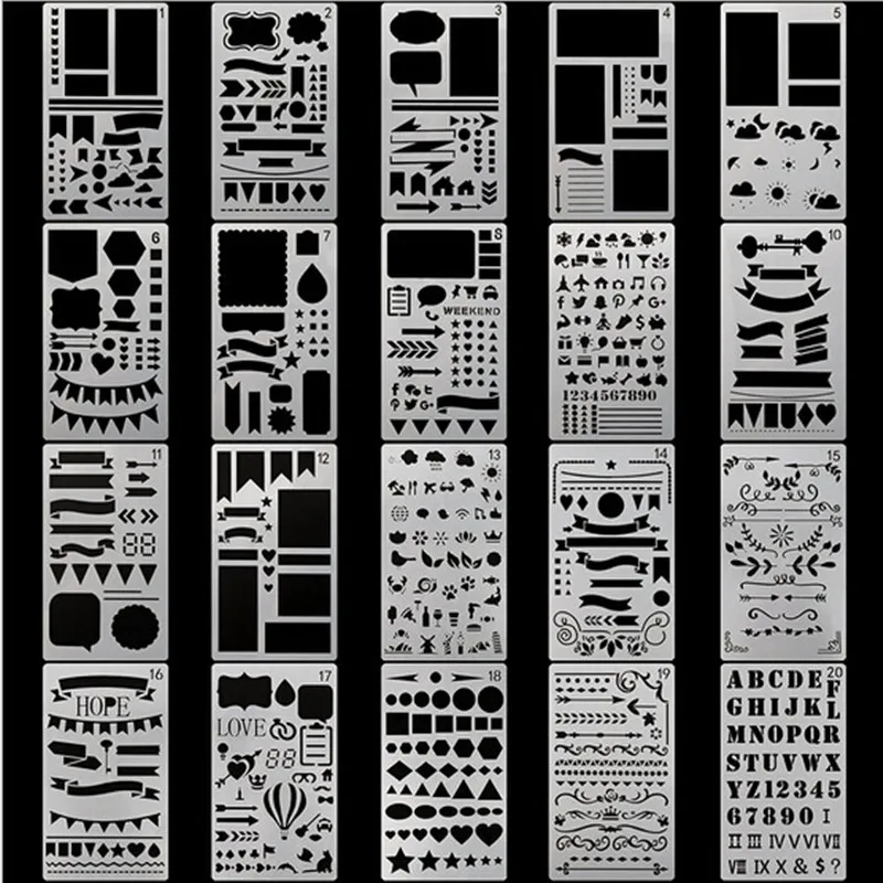 Painting Journal Stencil Set 12/20 Pcs Plastic Planner DIY Drawing Template for Diary Notebook Scrapbook Craft Cutting Dies
Painting Journal Stencil Set 12/20 Pcs Plastic Planner DIY Drawing Template for Diary Notebook Scrapbook Craft Cutting Dies