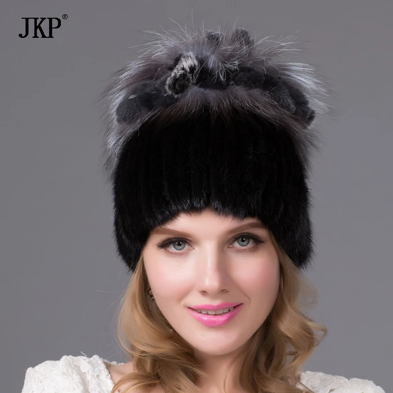 

Warm winter women mink fur hat with real fox fur pom pom ball lining knitted Skullies copious female fur headdress beanie cap