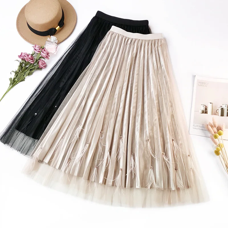 Autumn Spring Mesh Skirt 2018 Female Elastic Waist Pleated Velvet Skirt Beading Feather Midi Pleated Skirt Winter faldas mujer
Autumn Spring Mesh Skirt 2018 Female Elastic Waist Pleated Velvet Skirt Beading Feather Midi Pleated Skirt Winter faldas mujer