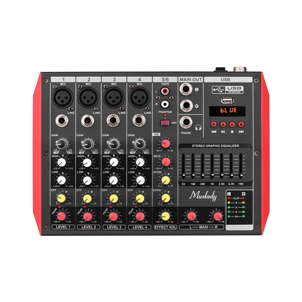 

Muslady D6 Portable 6-Channel Mixing Console Mixer 7-band EQ Built-in 48V Phantom Power Supports BT Connection USB MP3 Player