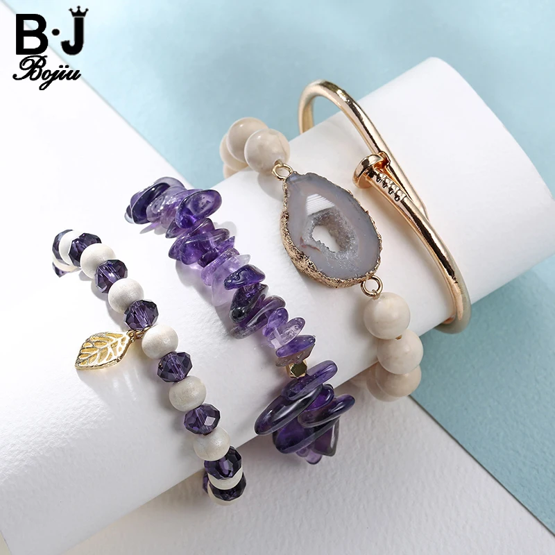 

BOJIU 4PCE/set Woman's Jewelry Beaded Bracelets Natural Stone and Metal Bracelets Pendant Bracelets Sets BCSET34