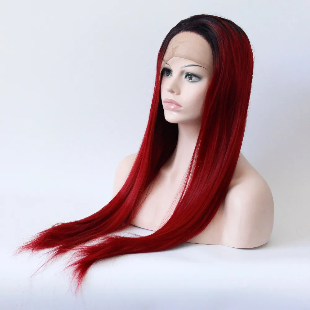 alt=''Black to Wine Red Ombre Long Straight High Temperature Fiber Heat Resistant Natural Synthetic Lace Front Women Wigs with Natural Hairline''-3
