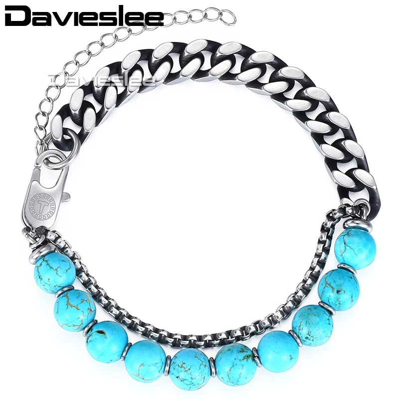 Davieslee Boho Glass Bead Bracelet for Men Women Stainless Steel Curb Cable Link Chain Gunmetal Silver Color LDLBM04 | Украшения и