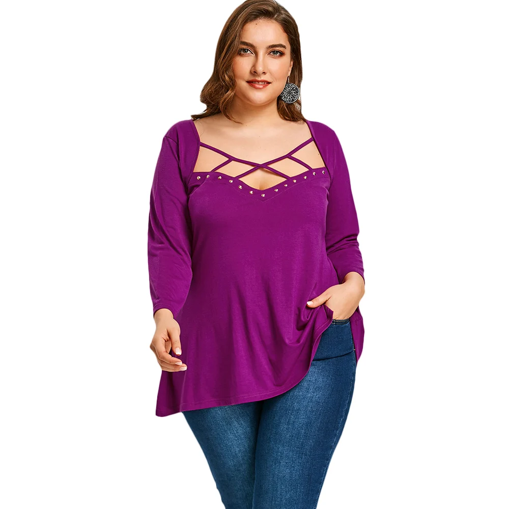 

Wipalo Plus Size 5XL Cut Out Front Tunic T-Shirt Women Fashion Three Quarter Sleeve Sweetheart Neck 2018 Summer Ladies T Shirts