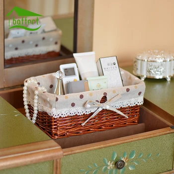 

1PC New Willow Desktop Storage Box Rattan Woven Basket Wicker Underwear Snacks Debris Basket Cosmetics Storage Box with Bowknot