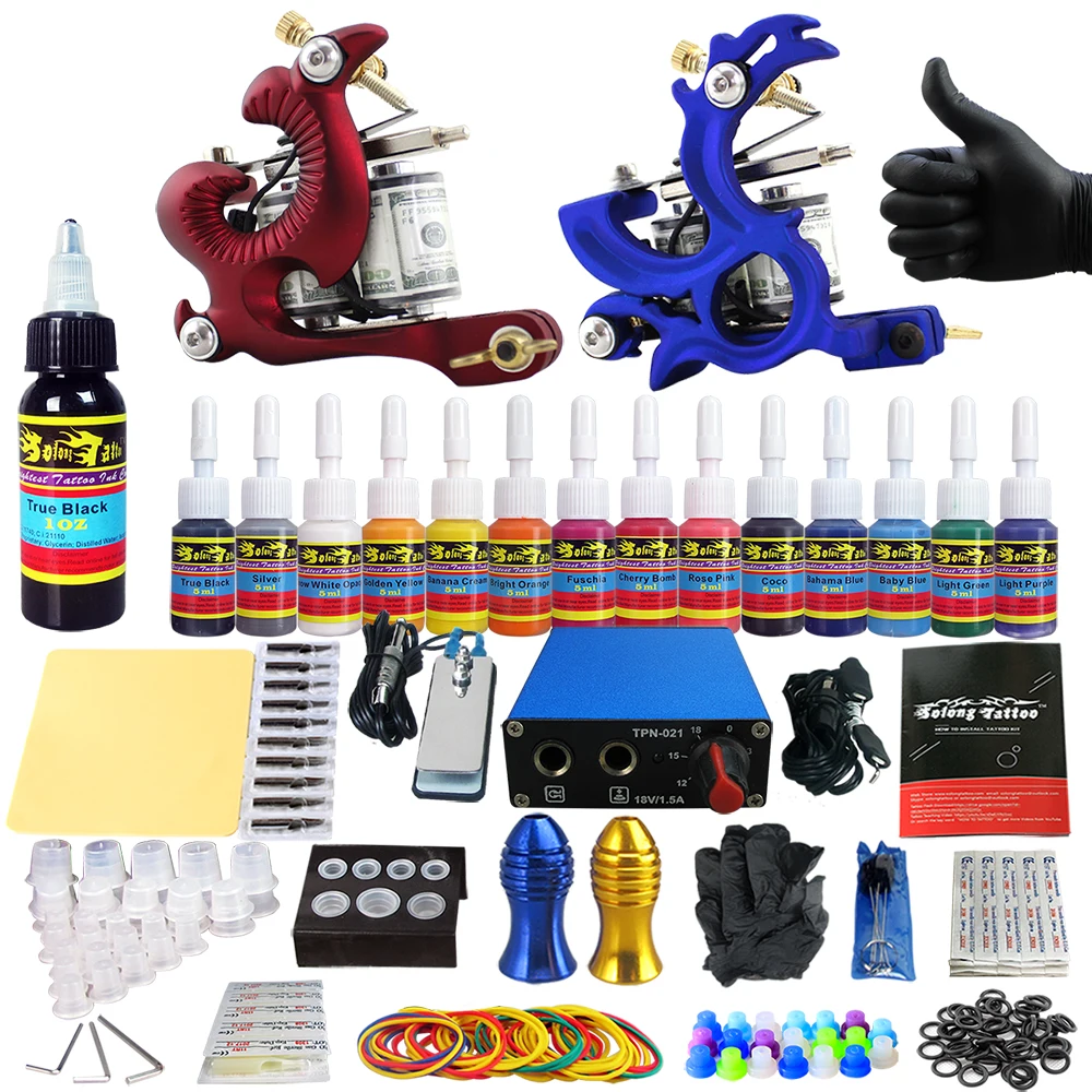 Solong Tattoo Complete Tattoo Kits 2 Machine Gun Beginner Tattoo Set 14 Inks Needle Grips Foot Petal Power Supply TK203-9
Solong Tattoo Complete Tattoo Kits 2 Machine Gun Beginner Tattoo Set 14 Inks Needle Grips Foot Petal Power Supply TK203-9