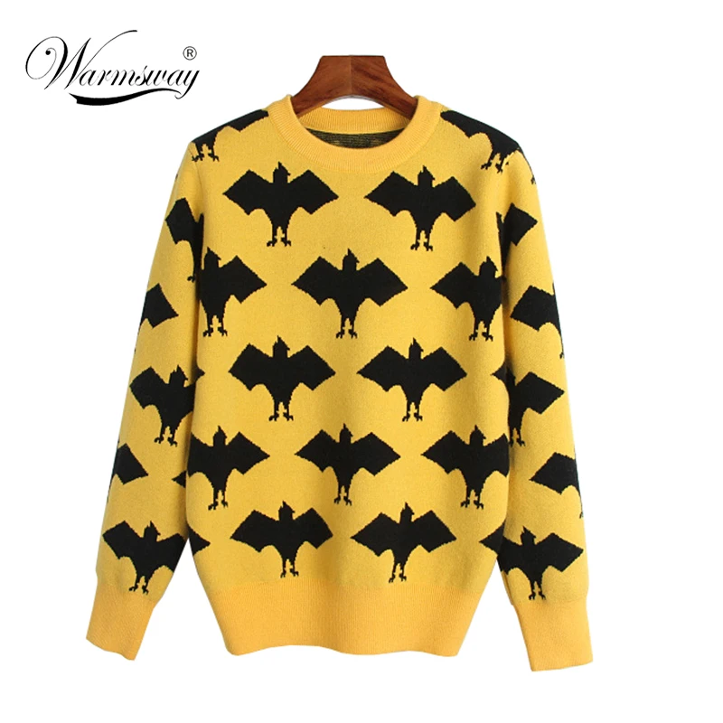 Autumn Women Sweater Bat Pattern jacquard Pullovers Good Quality Knitted Fashion Sweater Loose Knitted yellow jumper WS-062