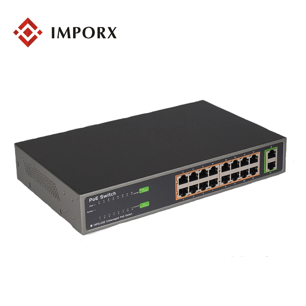 IMPORX 16 Ports POE switch ethernet with IEEE 802.3 af/at RJ45 ports professional Network switch 10/100Mbps For POE Cameras
IMPORX 16 Ports POE switch ethernet with IEEE 802.3 af/at RJ45 ports professional Network switch 10/100Mbps For POE Cameras