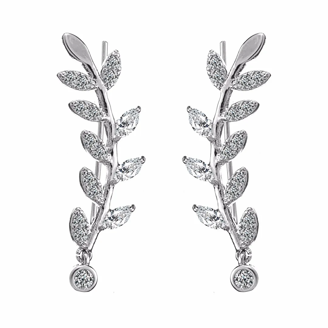 Charm Crystal Ear Sweep Wrap Climber Earrings 1 Pair Silver Leafs Cuff Earrings Piercing Pendientes Mujer Moda For Women Jewelry