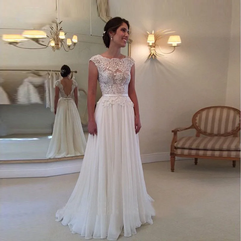 Elegant 2020 A Line Wedding Dresses Robe de Soiree Backless Sleeveless Lace Appliqued Chiffon Bridal Gown | Свадьбы и торжества
