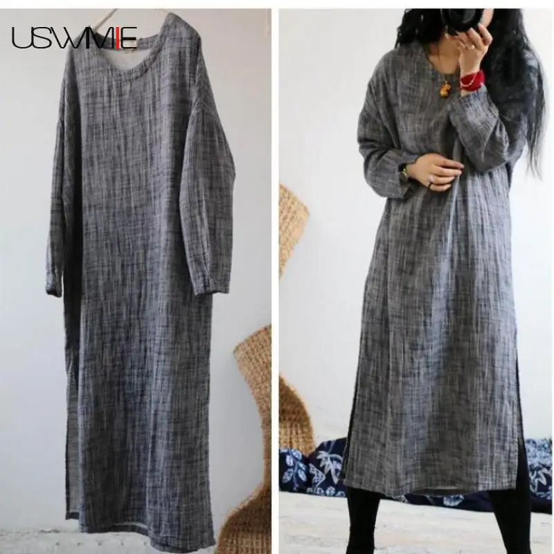 

USWMIE 2019 Spring Literature Retro Simple O-neck Casual Loose Plain Old Dress Mid-calf Solid Color Both Sides Split Vestidos