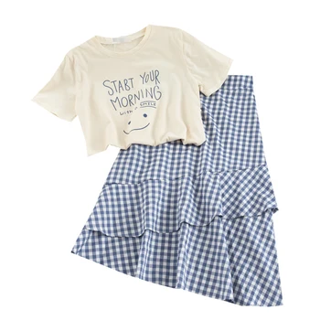 Letter Smiling Face Short-sleeved T-shirt Plaid High Waist Irregular Lotus Leaf Medium Long Skirt Two-piece Suit Woman Clothing
Letter Smiling Face Short-sleeved T-shirt Plaid High Waist Irregular Lotus Leaf Medium Long Skirt Two-piece Suit Woman Clothing
