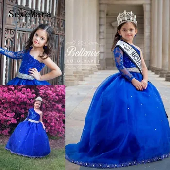 Royal Blue One Shoulder Beads Little Girls Pageant Dresses Long Sleeve Ball Gown Kids Formal Wear Shinny Girls Dresses for Show
Royal Blue One Shoulder Beads Little Girls Pageant Dresses Long Sleeve Ball Gown Kids Formal Wear Shinny Girls Dresses for Show